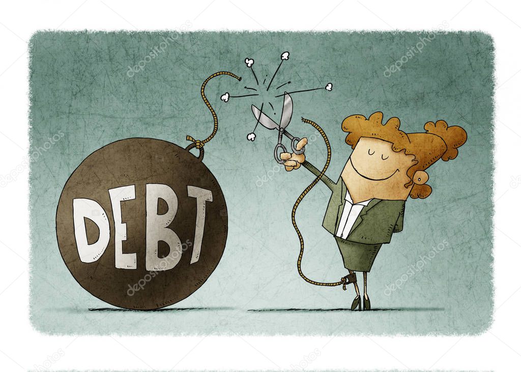 business woman cuts the rope with which she is tied to a ball with the word debt