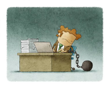 worker is chained to his desk with a prisoner ball clipart