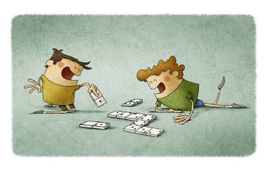 İki neşeli çocuk yerde domino oynuyor.