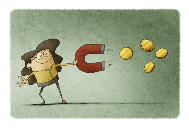 Kadın, bozuk paraları çekmek için büyük bir mıknatıs tutuyor.