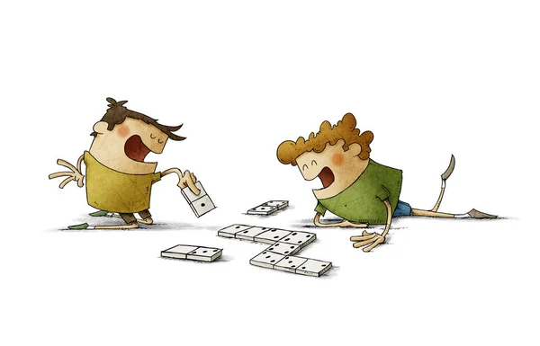 Two cheerful children play dominoes on the floor. isolated — ストック写真