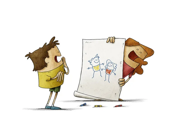 Wesoła dziewczyna pokazuje chłopakowi rysunek, który narysował o nich obojgu. izolowany — Zdjęcie stockowe