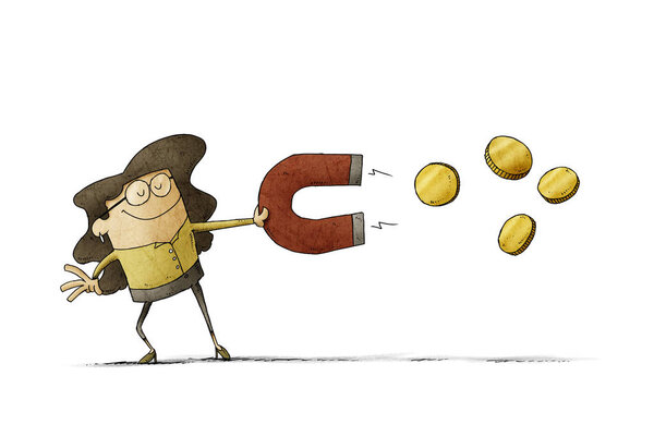 Woman holds a large magnet with which she attracts coins. isolated