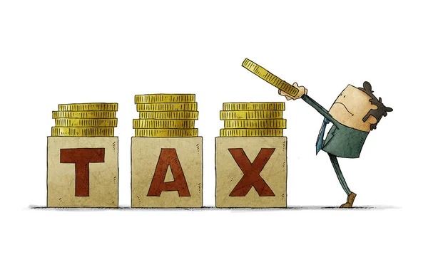 Man makes stacks of coins on top of some cubes with the word tax. isolated — Stock Photo, Image