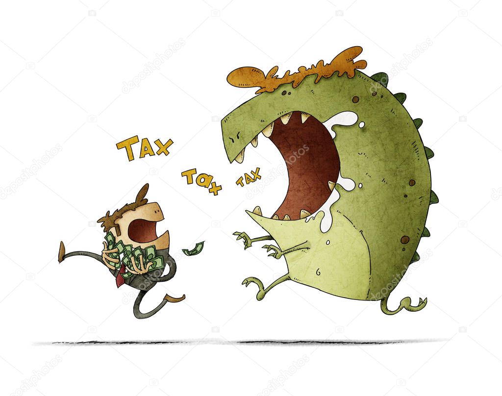 man with his hands full of bills runs because he is chased by a big monster that says tax. isolated
