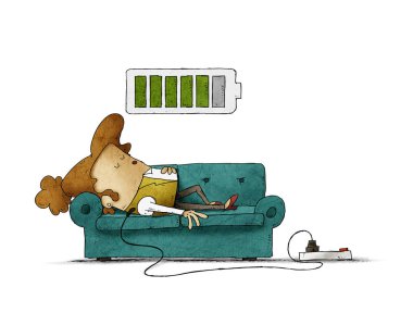Kanepedeki bir iş kadınının tasviri enerji yüklerken elektrik şebekesine bağlıdır. Konsepti şarj et. izole