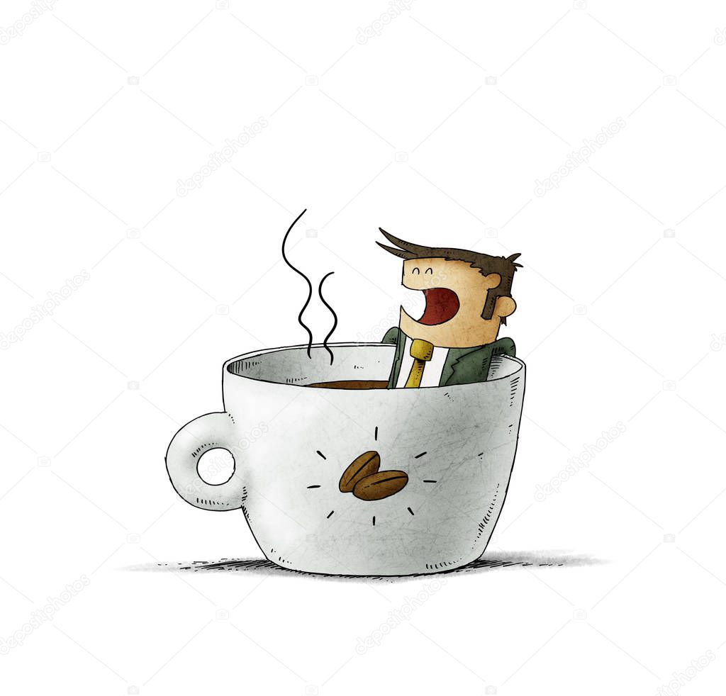 businessman is taking a bath inside a cup of coffee. isolated