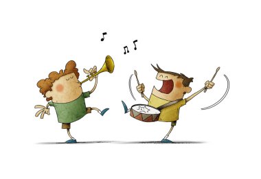 Children have fun making music, one plays the trumpet and the other a drum. isolated clipart