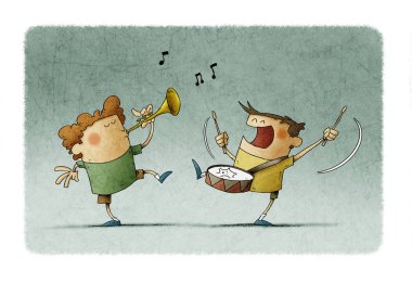 Çocuklar müzik yaparken eğleniyor, biri trompet çalıyor, diğeri de davul çalıyor..