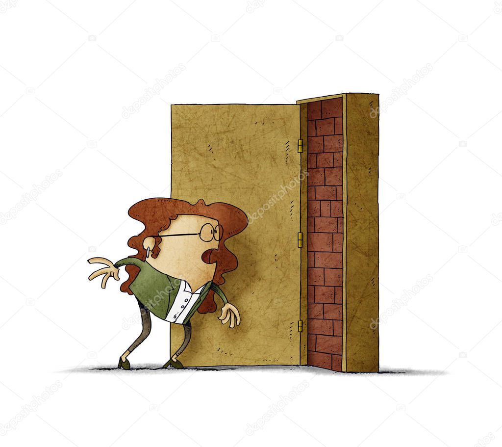 Business woman has opened a door and is covered with bricks. adversity concept. isolated