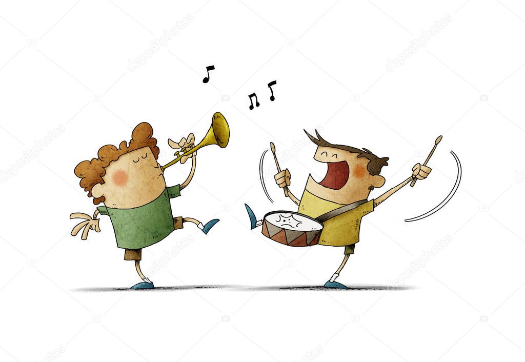 Children have fun making music, one plays the trumpet and the other a drum. isolated