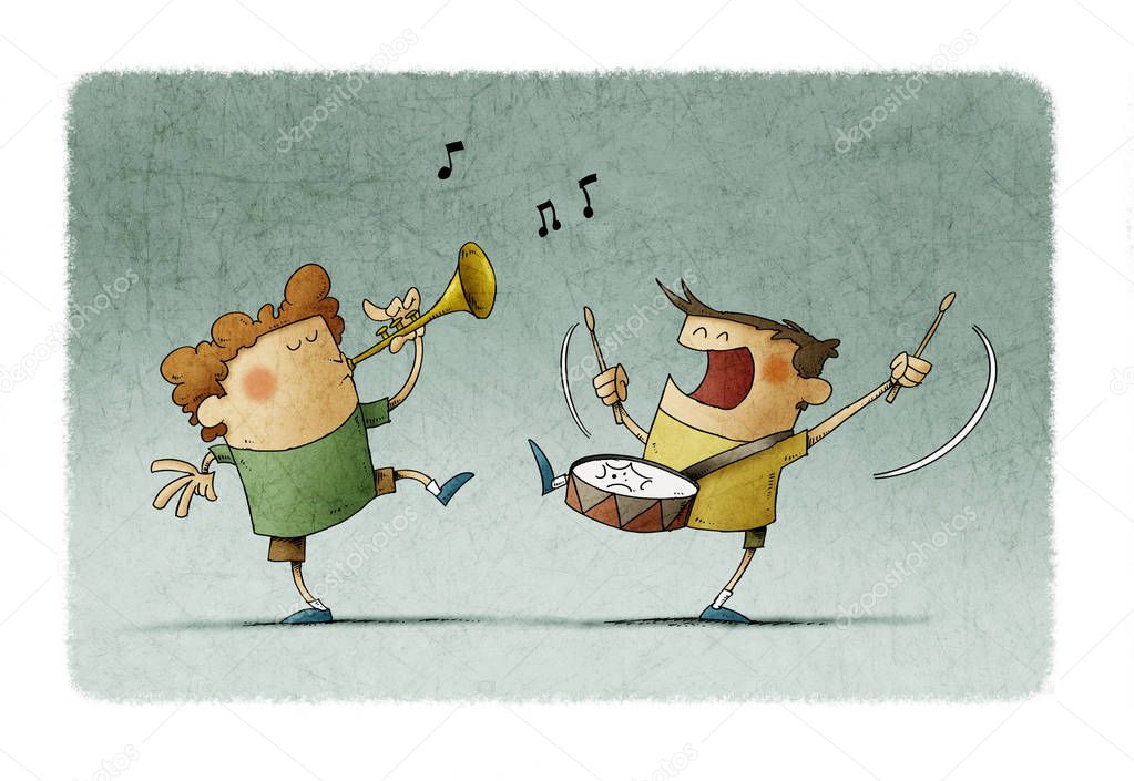 Children have fun making music, one plays the trumpet and the other a drum.