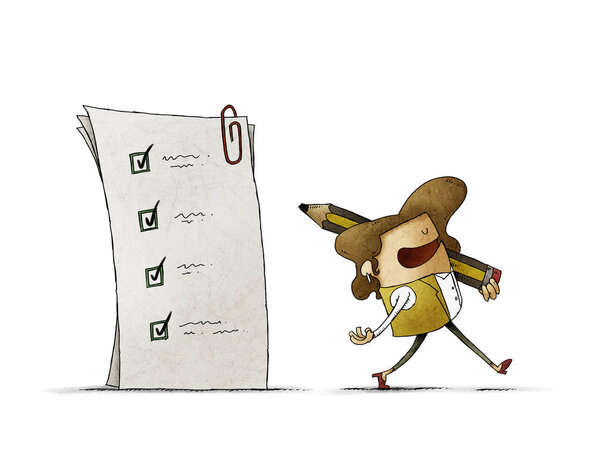 Бизнесмен закончила заполнять анкету и уходит с большим карандашом на плече. изолированные
