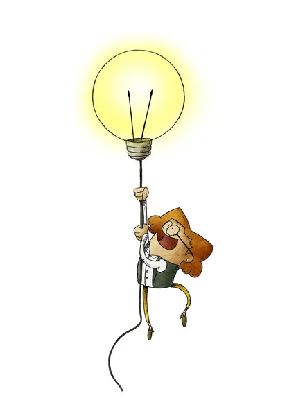 一个女人骑在灯泡上作为创造力的象征。 孤立的 — 图库照片