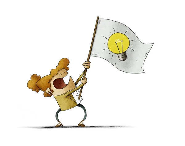 Kvinna viftar med en flagga med symbolen för en glödlampa. Idékoncept. isolerad — Stockfoto