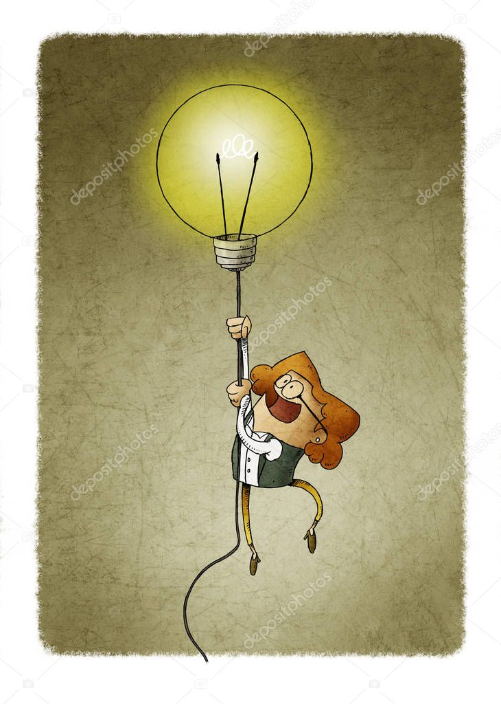 Businesswoman flying on a light bulb as a symbol of creativity.