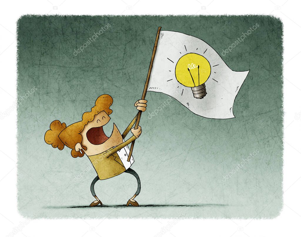 businesswoman waves a flag with the symbol of a light bulb.