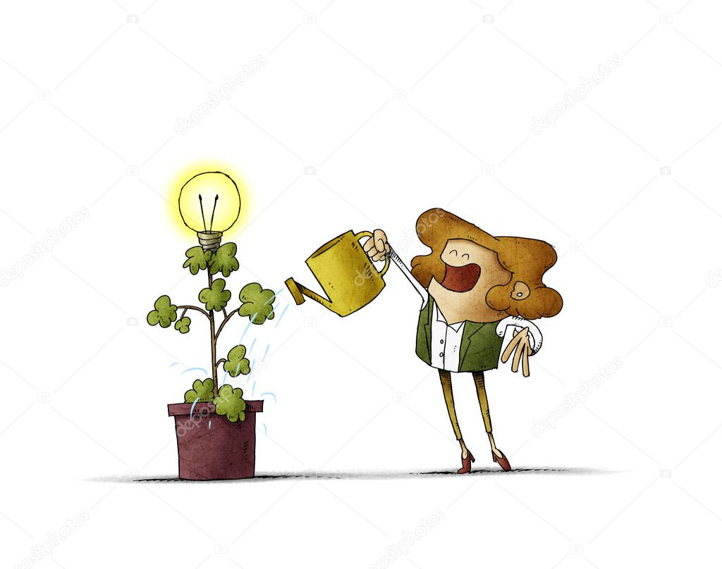 woman is watering a plant from which a light bulb blooms. isolated