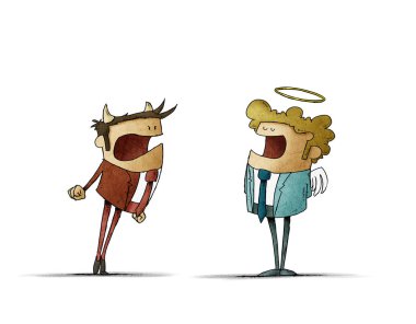 Erkek cinsiyet meleği ve şeytan tartışıyor. Şeytan kızgın ve melek de sakin. izole