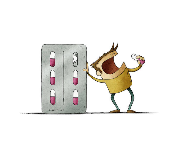 Man is leaning on a large pill blister, his mouth is open because he is going to take one. isolated