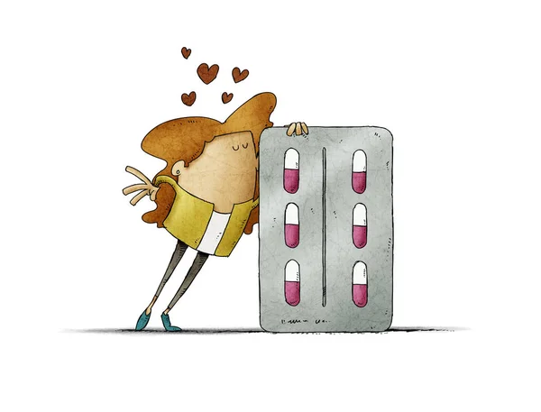 Una mujer enamorada está besando un gran paquete de píldoras y los corazones salen de su cabeza. aislado — Foto de Stock