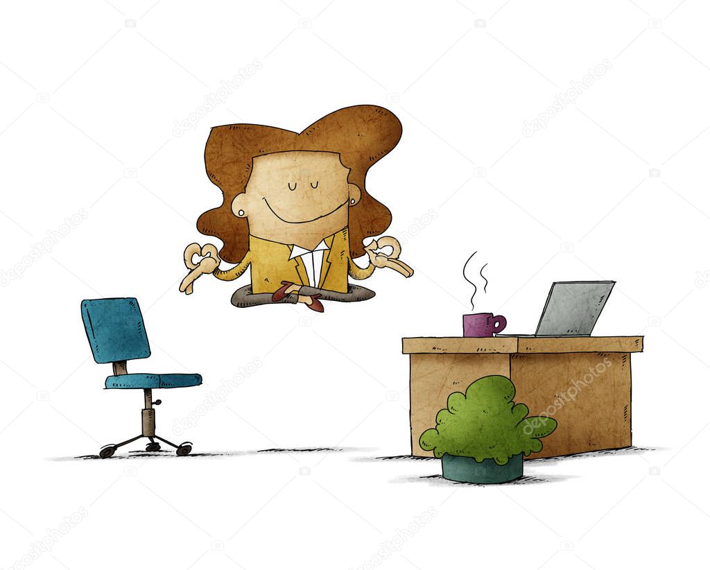 employee woman is floating in her office while relaxing. isolated