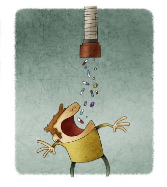 Ağzı açık bir adam borudan düşen hapları yutar. bağımlılık kavramı.