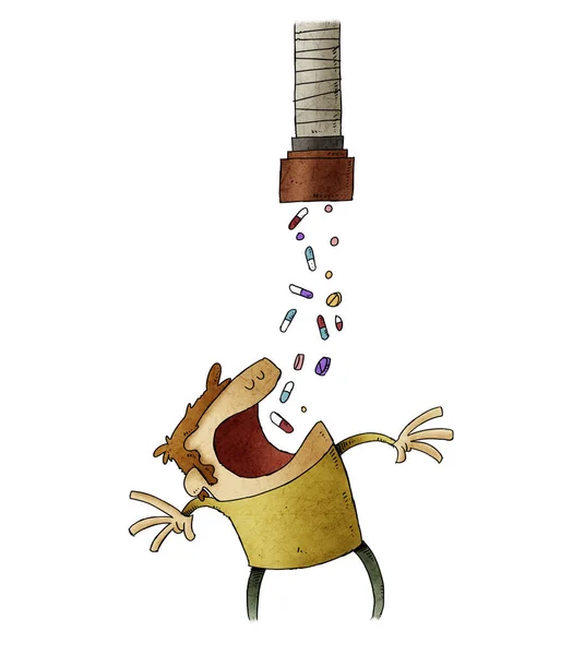 Mannen med munnen vidöppen sväljer piller som faller från ett rör. missbruksbegreppet. isolerad — Stockfoto