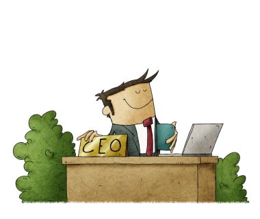 Ofis masasında oturan yakışıklı bir Ceo 'nun karikatür tarzı çizimi. izole