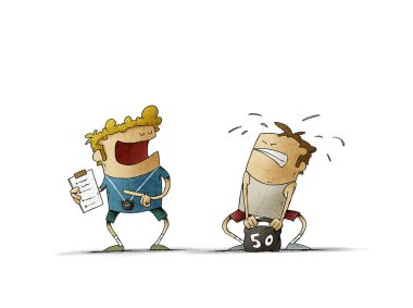 Kişisel antrenörünün de yardımıyla ağırlık kaldırmaktan muzdarip sporcu bir adamın karikatür tarzı çizimi. izole
