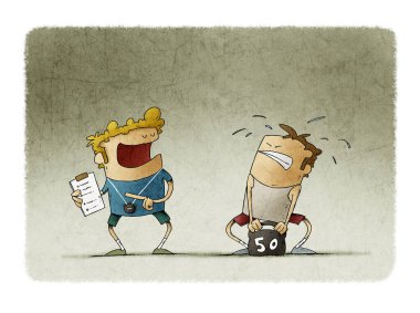 Kişisel antrenörünün de yardımıyla ağırlık kaldıran sporcu bir adamın karikatür tarzı çizimi..