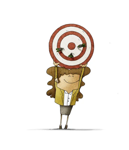 Business woman holds up a target that has three darts stuck. Human resources concept. isolated — ストック写真