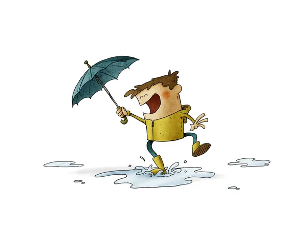 Boy with umbrella and raincoat jumps over a puddle of water. illustration about a rainy day. isolated — 스톡 사진
