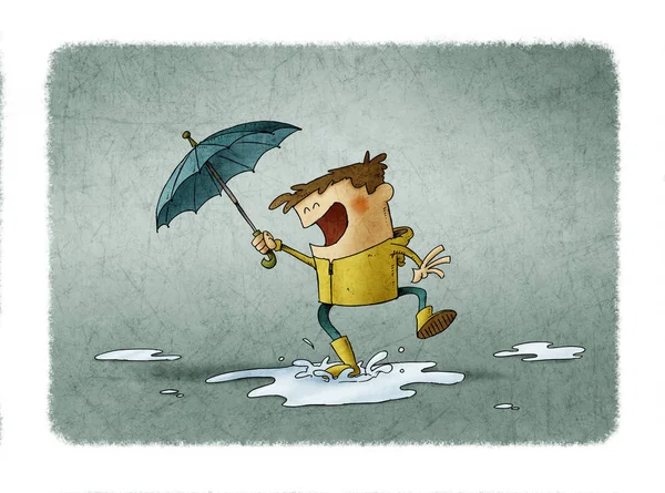 Boy with umbrella and raincoat jumps over a puddle of water. illustration about a rainy day — Stock Photo, Image