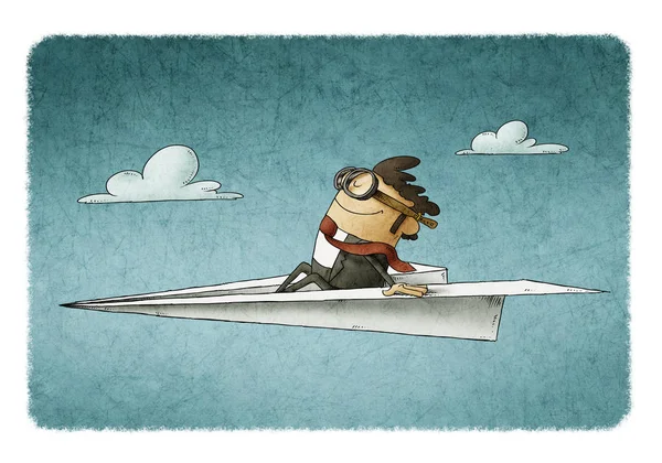 Businessman sitting on a paper plane flies at high speed. — 스톡 사진