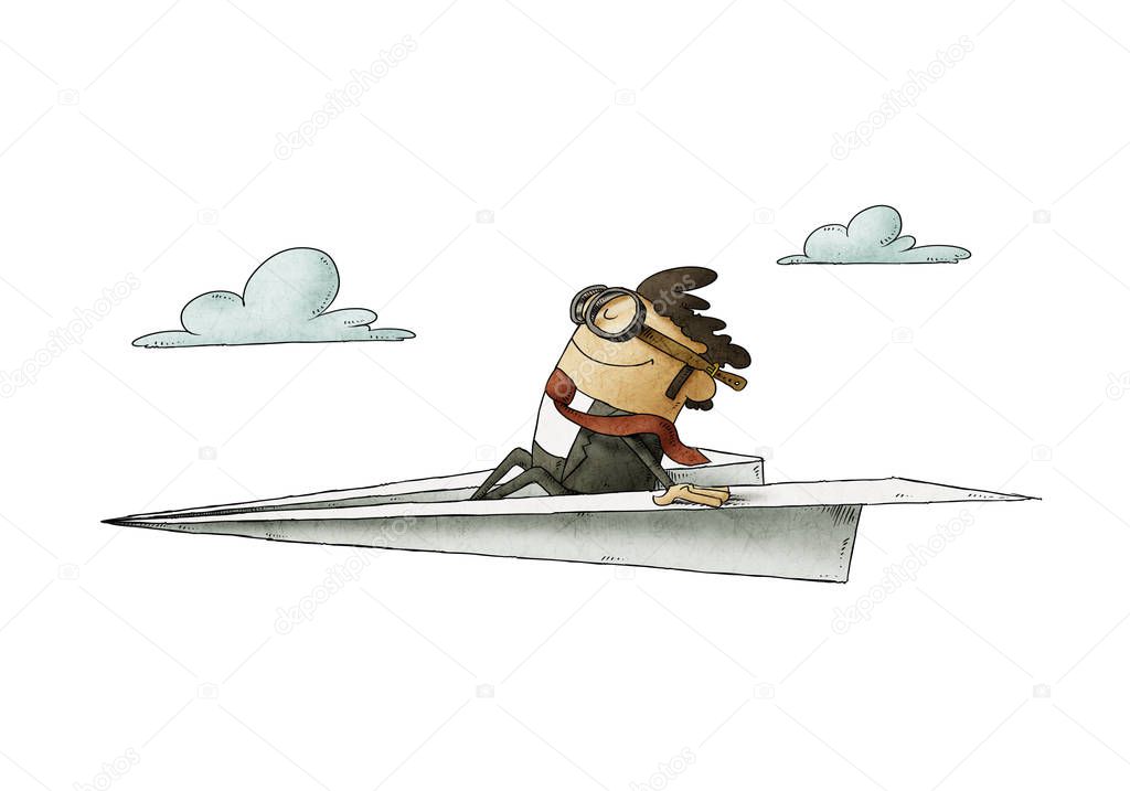 Businessman sitting on a paper plane flies at high speed. isolated