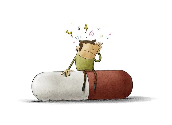 Man with headache symptoms is sitting on a huge pill. isolated — 스톡 사진