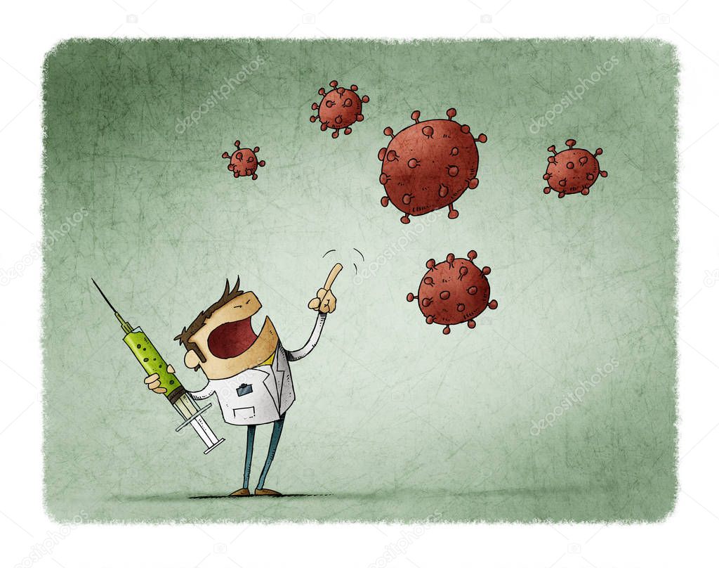 angry scientist with a vaccine in his hand is threatening the Covid-19 virus