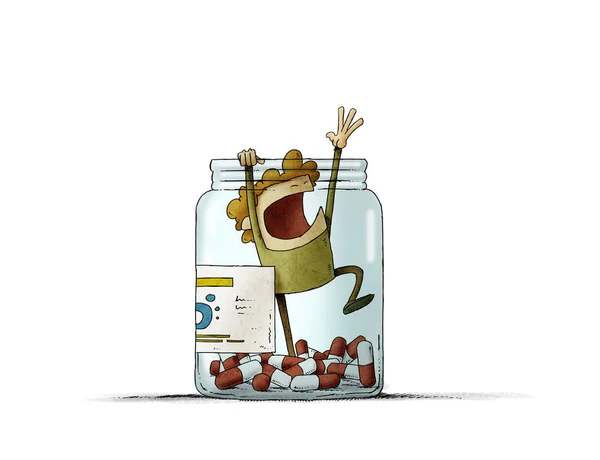 Man trapped in a bottle of pills tries to scream for help. isolated — Stockfoto