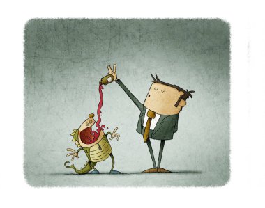 Takım elbiseli baba, ejderha kılığına girmiş oğluna bir sürü şurup veriyor. Aşırı dozda çocuk kullanımı kavramı.