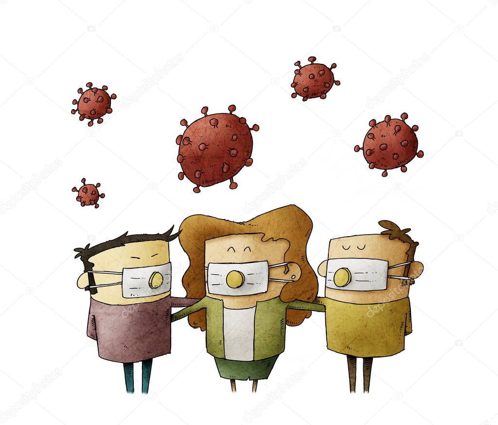 Diverse people wear a mask with filter to avoid a virus that is in the air above them. concept of protection against COVID-19. isolated