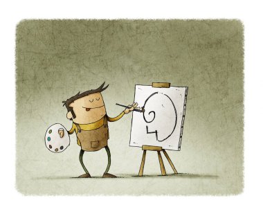 Ressam paleti olan bir adam şövaledeki bir tuvale resim yapıyor..