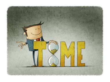 Zaman kelimesinin arkasındaki iş adamı büyük bir kum saati tutuyor. Zaman kontrol kavramı.