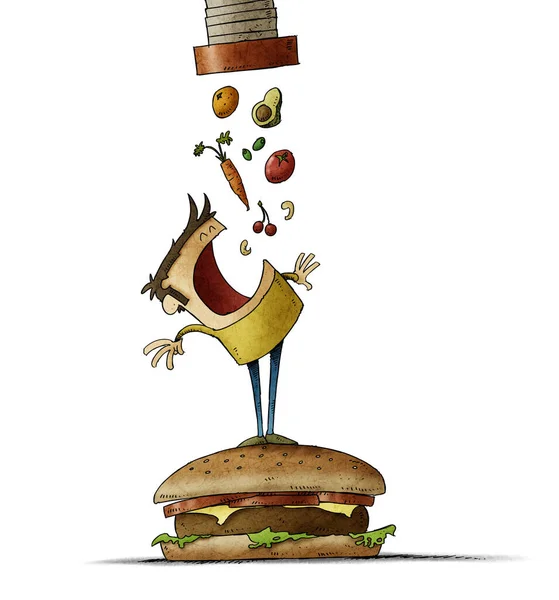 man climbed on top of a large hamburger opens his mouth waiting for a lot of healthy food to fall out of a tube. isolated