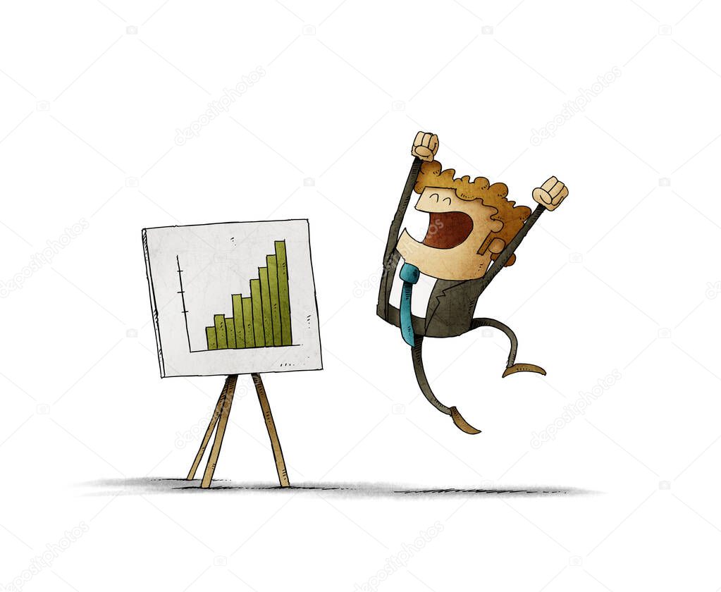 Businessman jumps of happiness when seeing a panel with a graph of good results. isolated