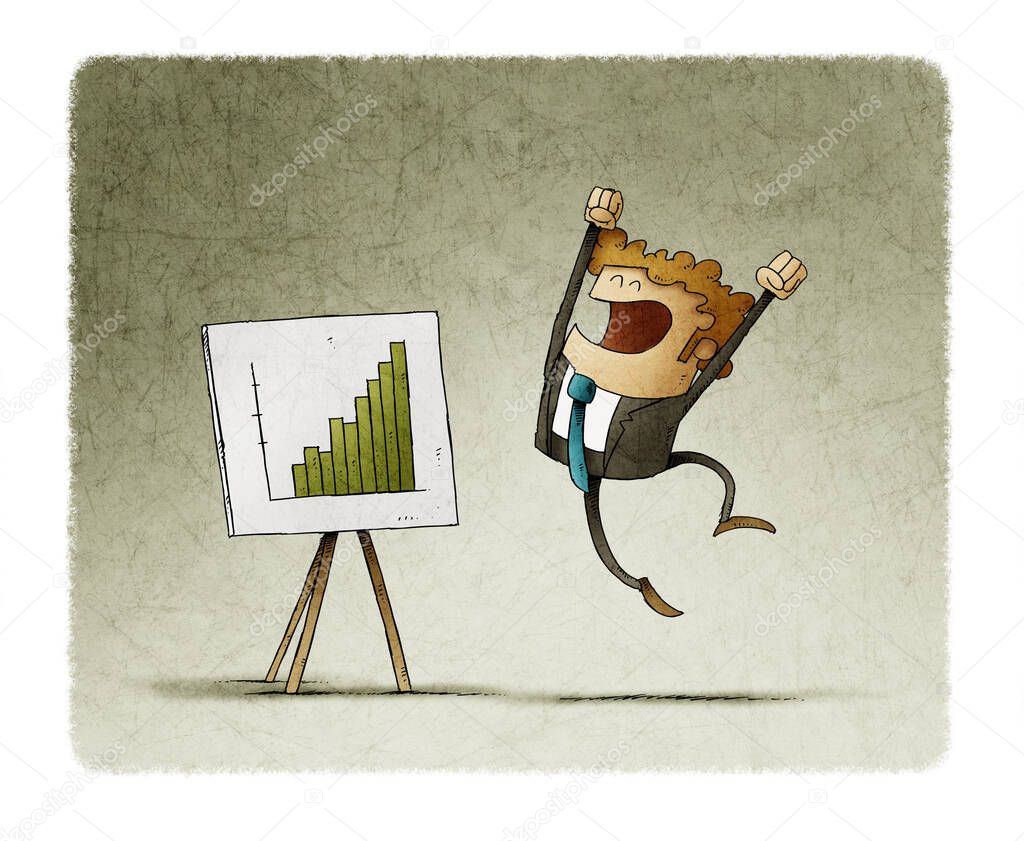 Businessman jumps of happiness when seeing a panel with a graph of good results.