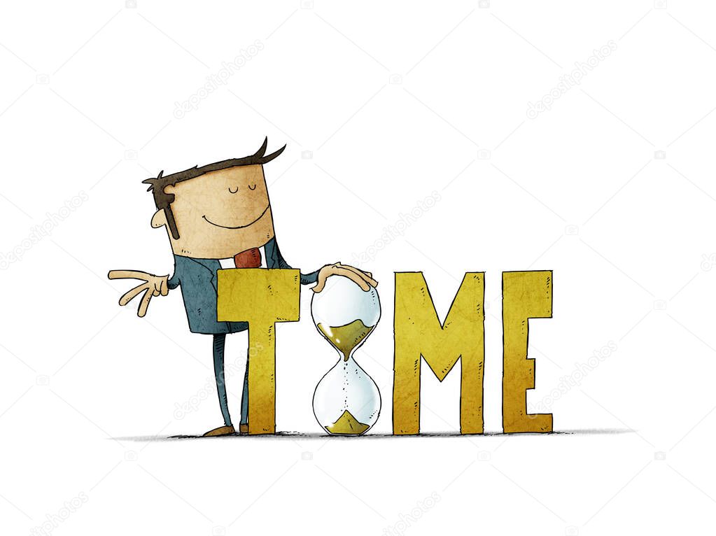 Businessman behind the word time holds a large hourglass. Time control concept. isolated