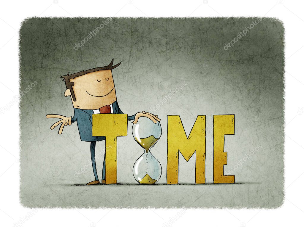 Businessman behind the word time holds a large hourglass. Time control concept.