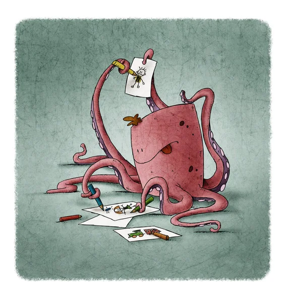 Ein Fröhlicher Und Lustiger Oktopus Versucht Mit Buntstiften Auf Papier — Stockfoto