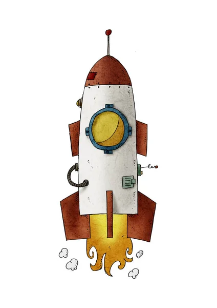 Ilustración Del Niño Cohete Espacial Despegando Liberando Fuego Humo Aislado —  Fotos de Stock